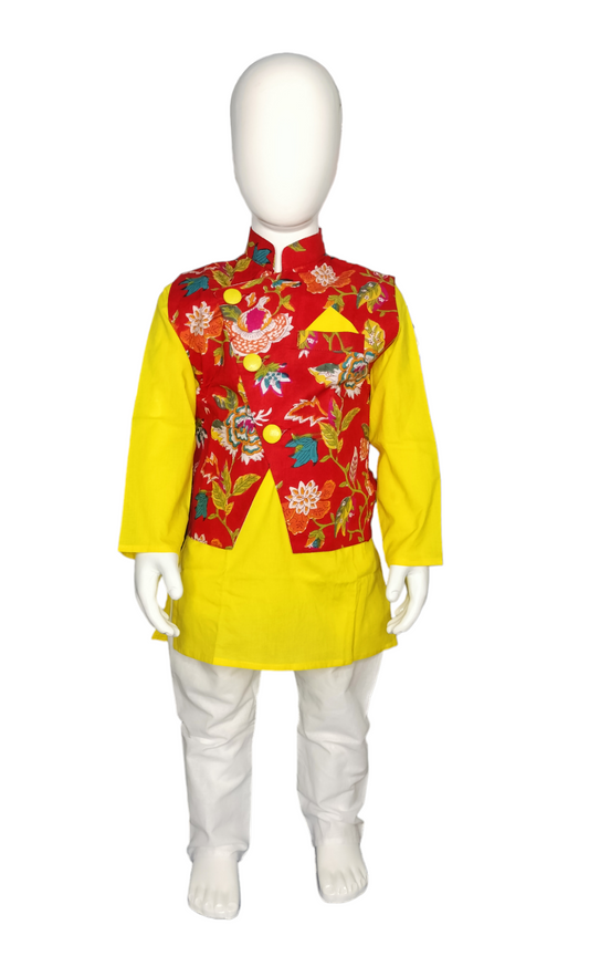 Red yellow floral kurta pajama with jacket