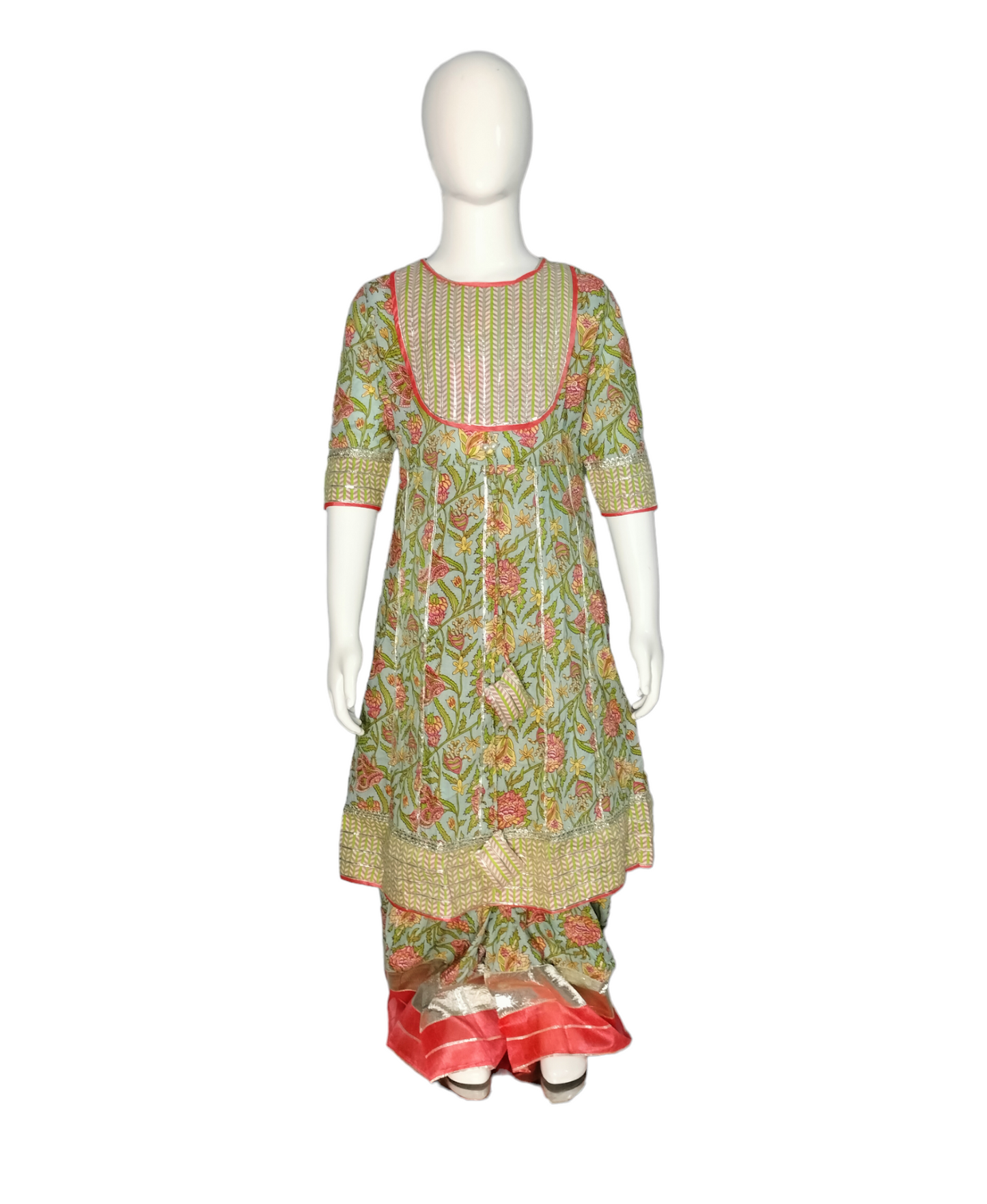 Green and pink floral sharara set