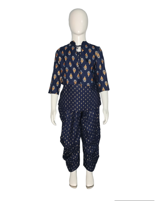 Dark blue print silk straight kurta with dhoti pant and jacket