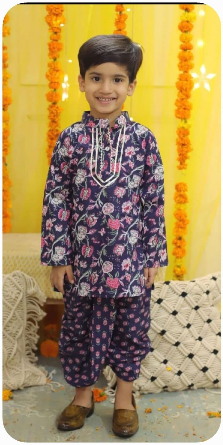 Dark blue flower print dhoti set for boys