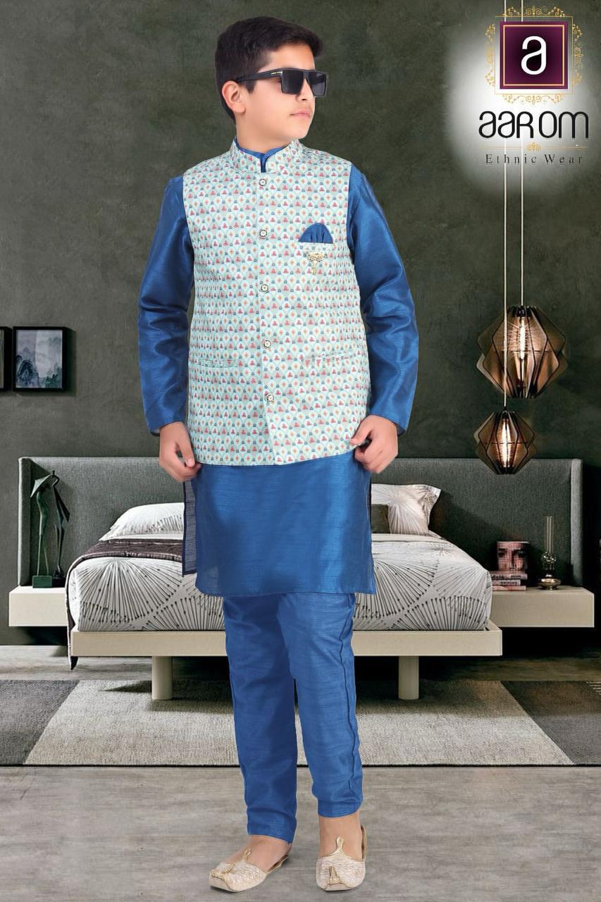 Aarom Blue Color Kurta Pajama with Floral Jacket Set 3059B