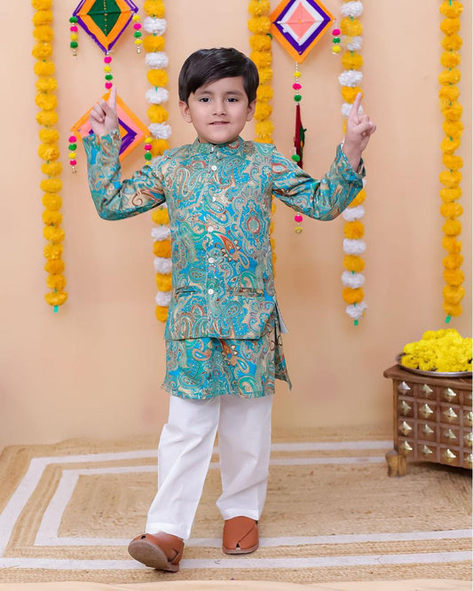 Green floral kurta jacket set for boys