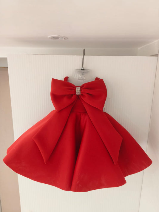 Plain Red colour Short Frocks With Big Bow