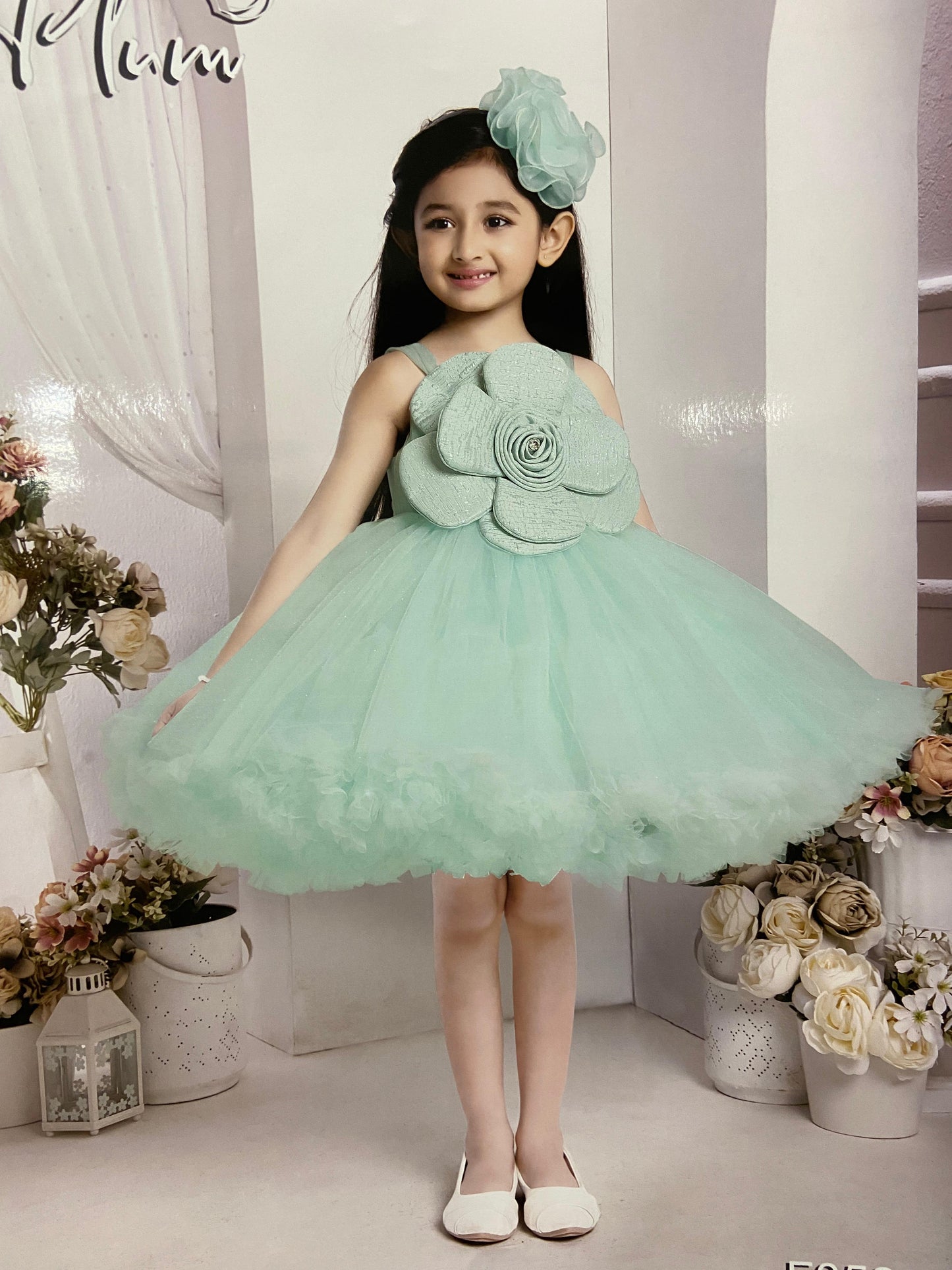 Adorable Sage Green Frock with Big Flower For Girls