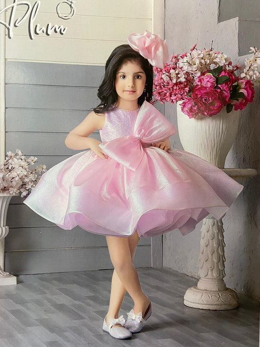 Pink Shimmer Organza Frock With Bow Embellishment For Girls