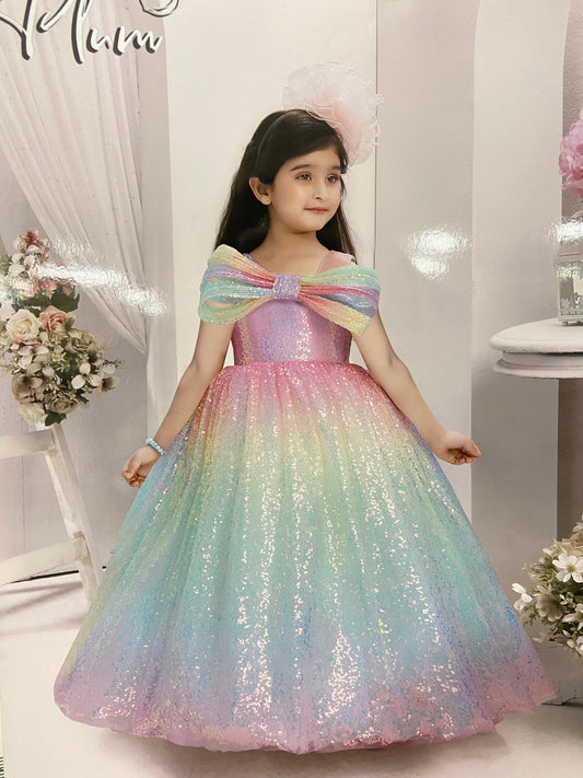 Multicolor Sequin Gown With Bow Embellished For Girls