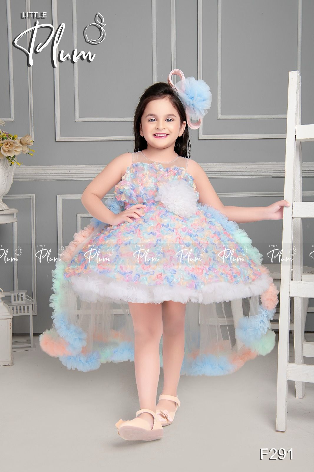 Sleevless Multi color Frock with attachable veil on back, white big flower on the waist for girls