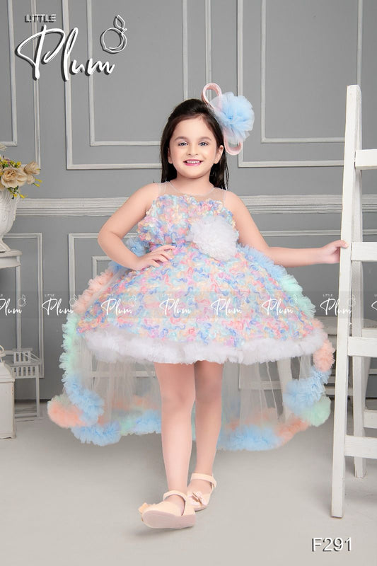Sleevless Multi color Frock with attachable veil on back, white big flower on the waist for girls