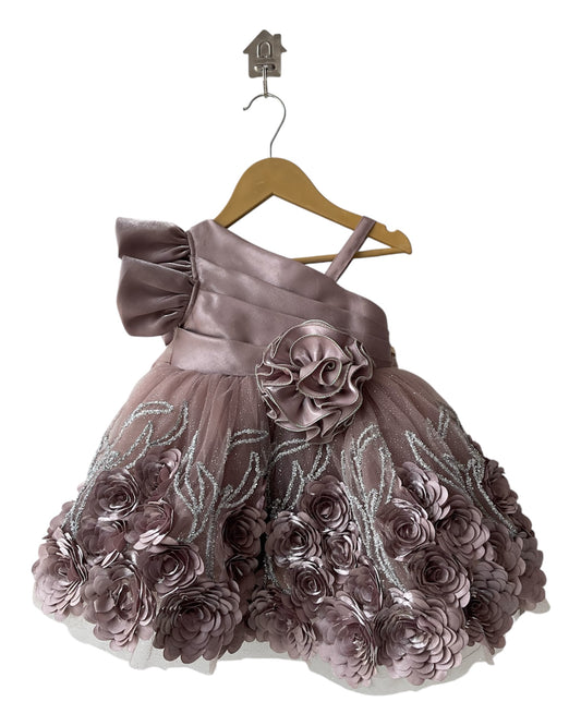 Mauve color Floral party frock with frill shoulder