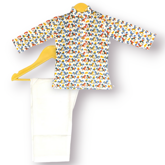 Colourful Horse Print White Kurta Pajama