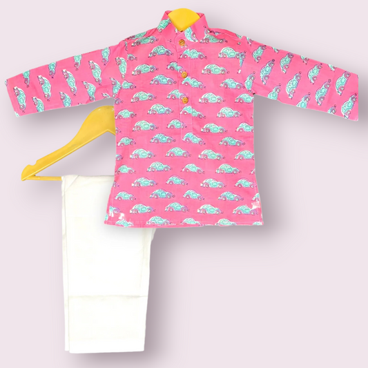 Adorable Pink Kurta Pajama with Car Print for a Cute and Playful Look