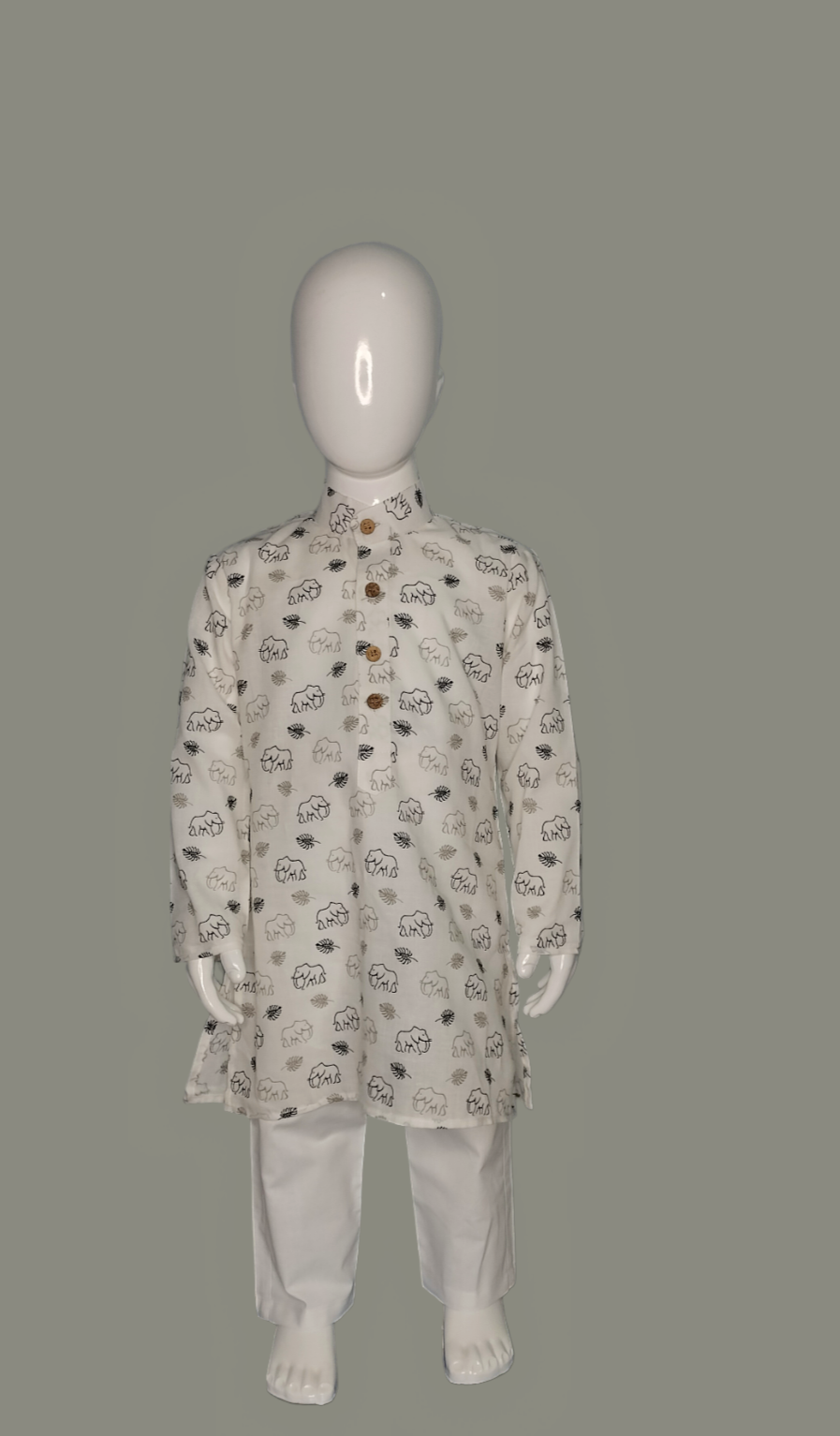 Elegant White Kurta Pajama with Delicate Black Elephant Print for a Sophisticated Look