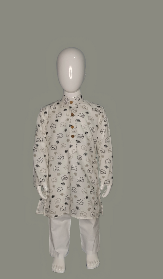 Elegant White Kurta Pajama with Delicate Black Elephant Print for a Sophisticated Look