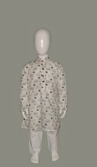 Stylish White Kurta Pajama with black and Black Print for a Striking Look