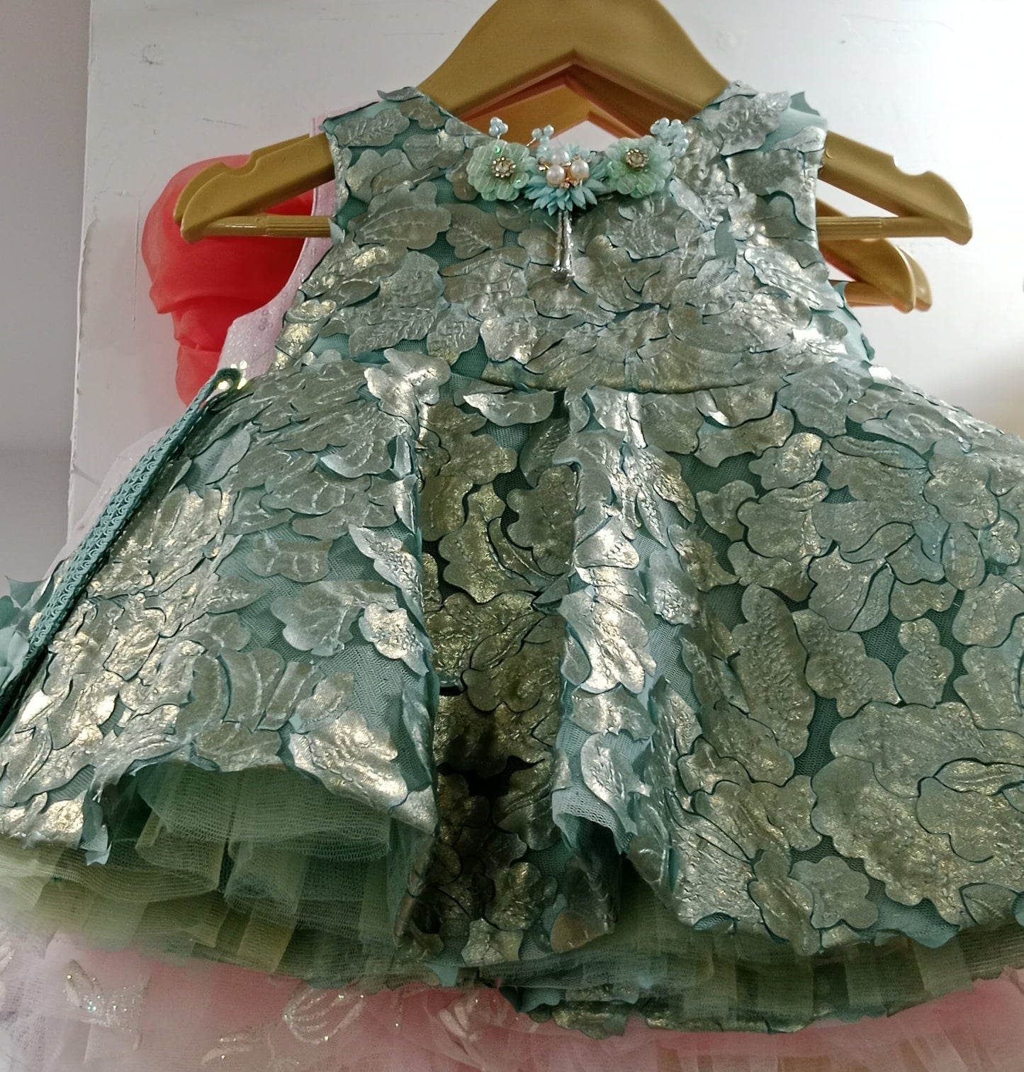 Little rose dusky blue frock with 3 flowers on neck