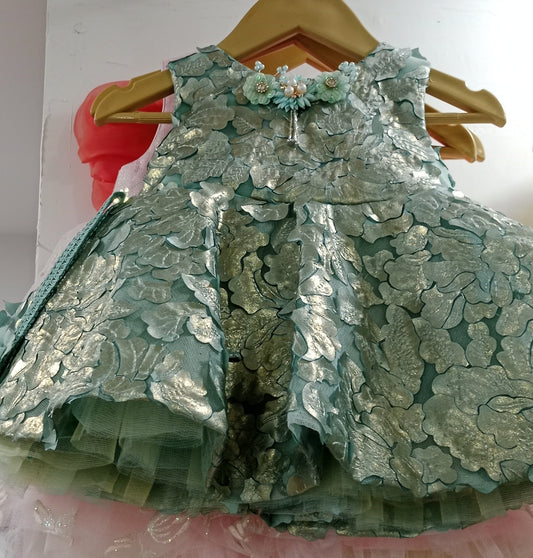 Little rose dusky blue frock with 3 flowers on neck