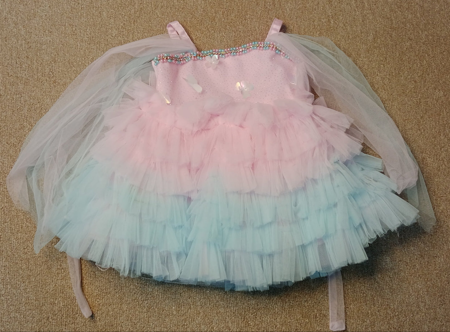 Blue and Pink Color Frock with frills on shoulders and beads