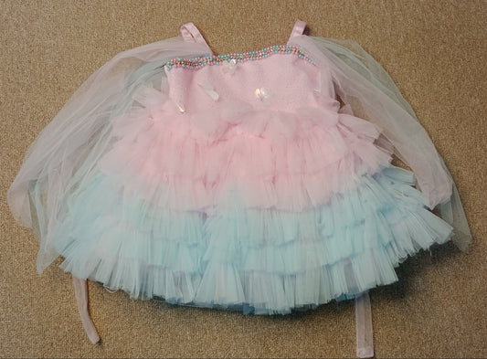 Blue and Pink Color Frock with frills on shoulders and beads