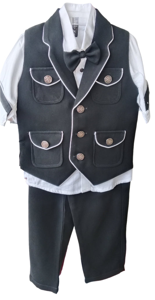 Black Partywear Coat Set With Bow Tie For Boys