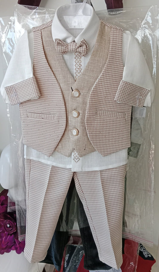 Beige Partywear Waistcoat Set With White & Shirt  Bow Tie