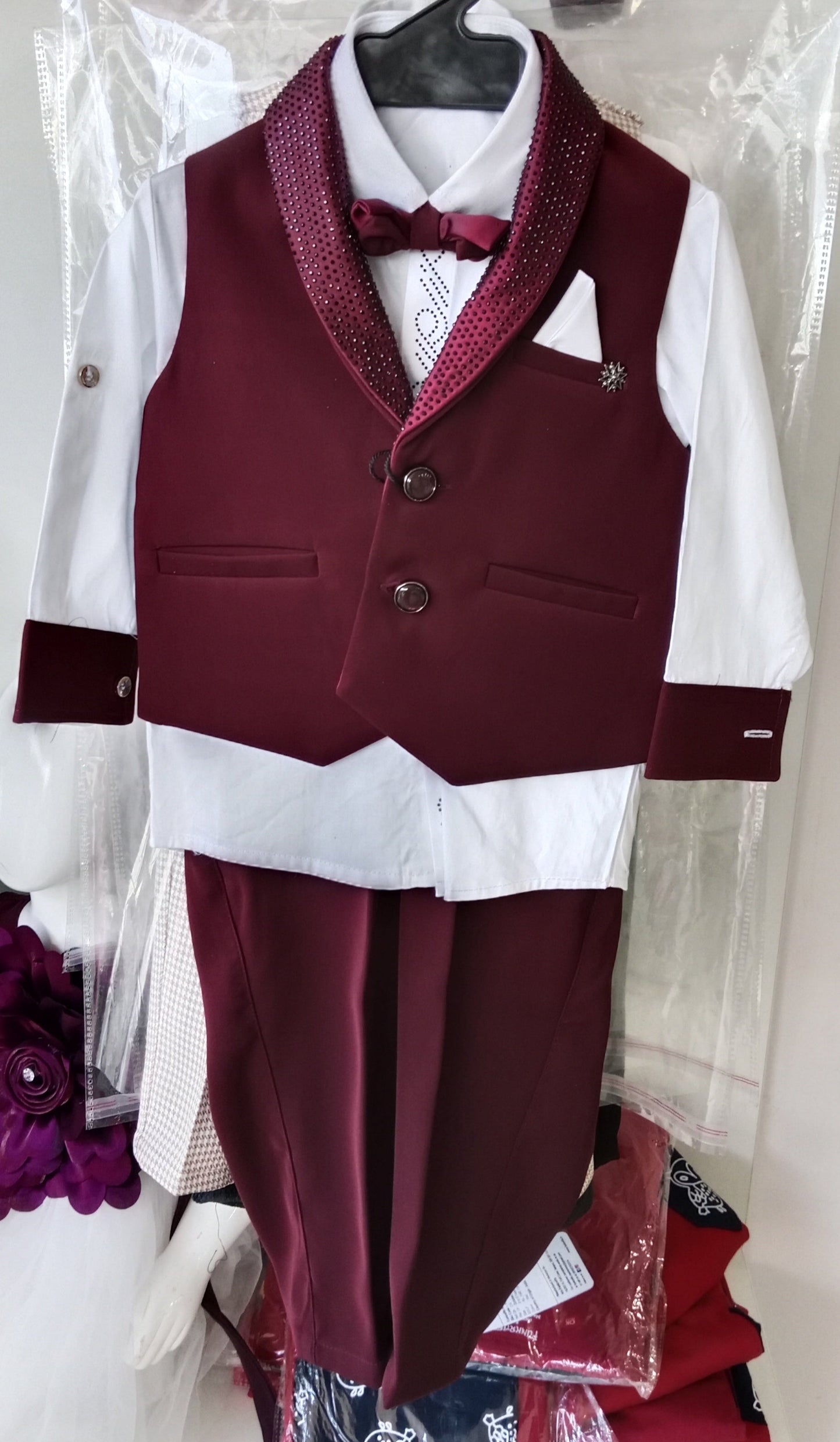 Wine Partywear Waistcoat Set With  Bow Tie