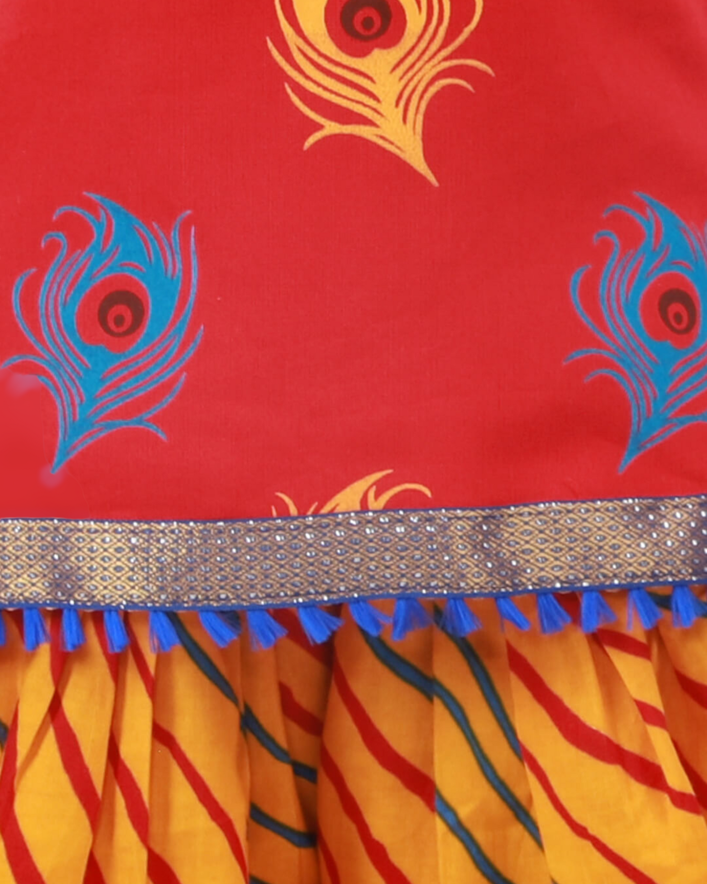 Sleeveless Red Kurta with Peacock Feather Print, Tassel Detailing, and Leheriya Dhoti