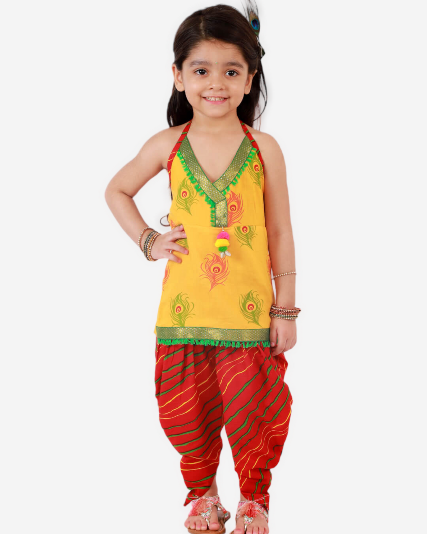 Sleeveless Yellow Kurta with Peacock Feather Print, Tassel Detailing, and Leheriya Dhoti