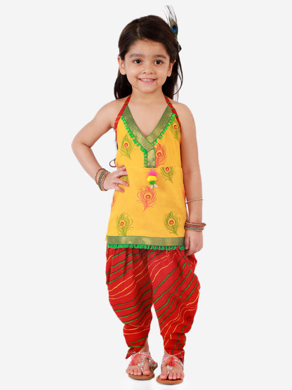 Sleeveless Yellow Kurta with Peacock Feather Print, Tassel Detailing, and Leheriya Dhoti