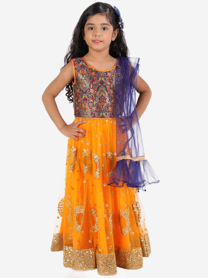 Girls sequine net lehenga choli with Dupatta blue-mustard