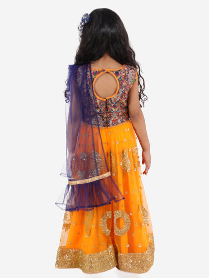 Girls sequine net lehenga choli with Dupatta blue-mustard