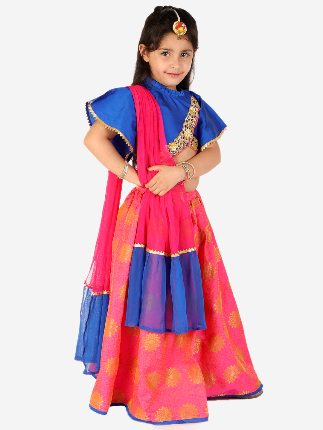 Girls bell sleeves pink silk lehenga choli, gota work with duppta