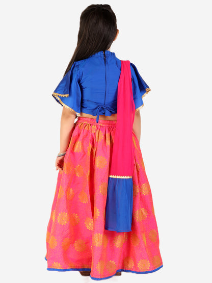 Girls bell sleeves pink silk lehenga choli, gota work with duppta