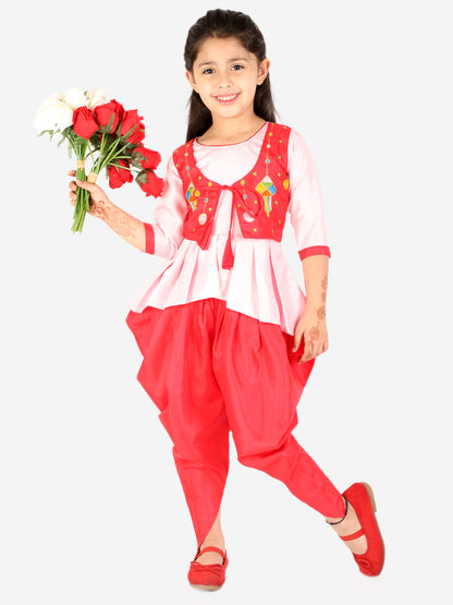 Girls Utsav embrodered high low peplum top with dhoti, pink color