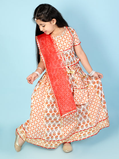 Girls Orange-red Block Printed Lehenga Choli with duppta