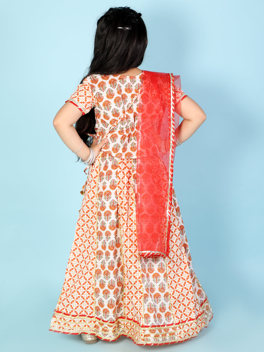 Girls Orange-red Block Printed Lehenga Choli with duppta