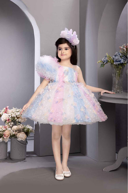 Multi color Sequin Frock with Ruffled Aysmmetric Sleeves for girls