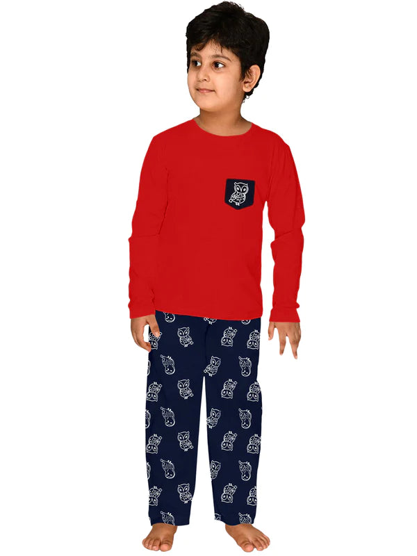 Dark red owl printed night wear for kids