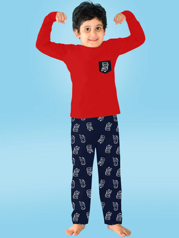 Dark red owl printed night wear for kids