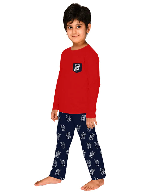 Dark red owl printed night wear for kids