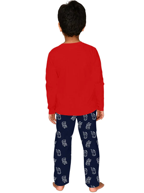 Dark red owl printed night wear for kids