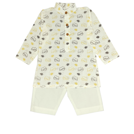 Elegant White Kurta Pajama with Delicate Elephant Print for a Sophisticated Look