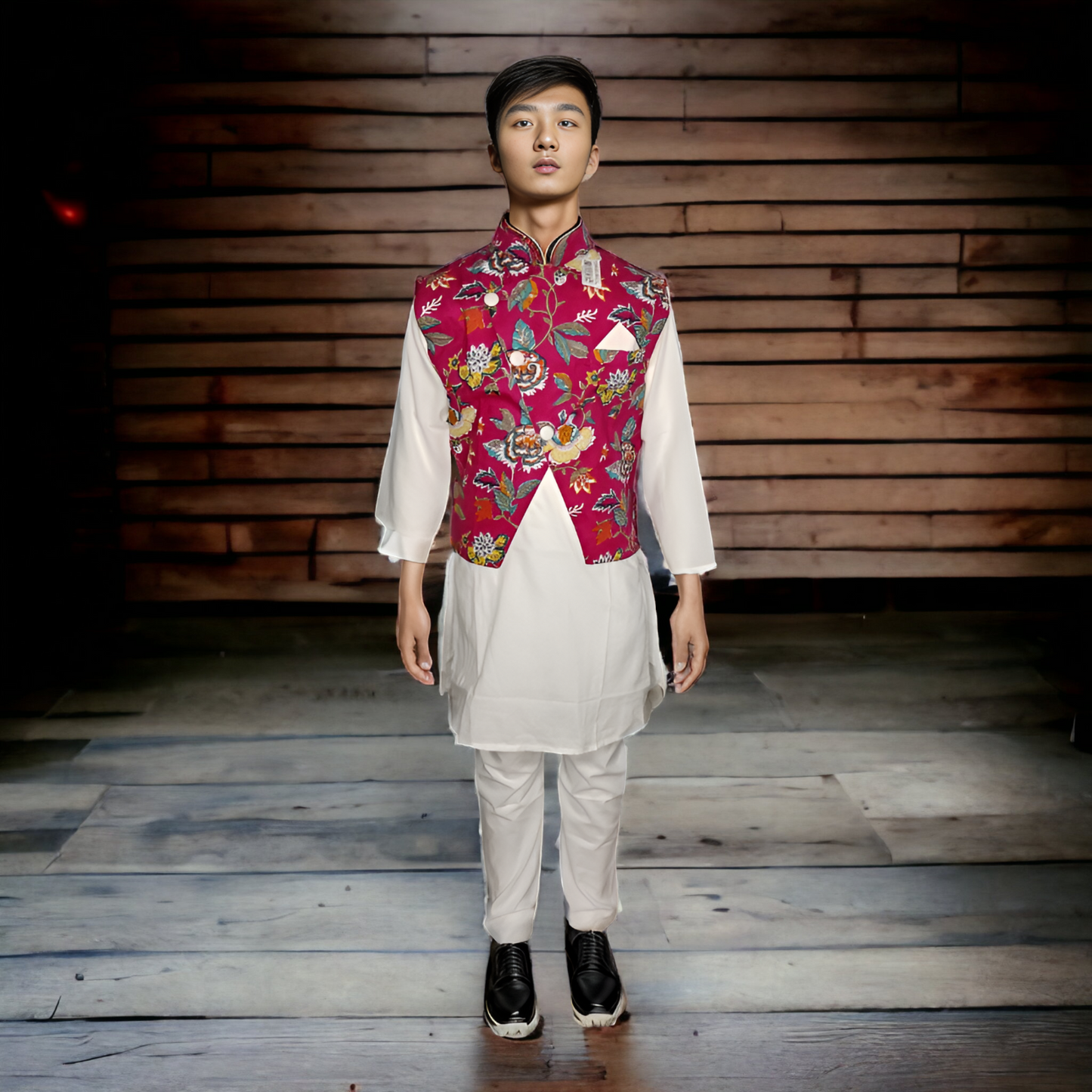 Red and white floral jacket kurta pajama