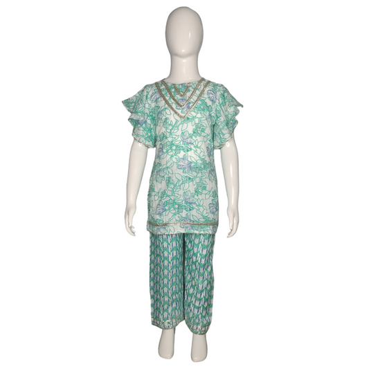 Girls Green kurti with frill sleeves with pant