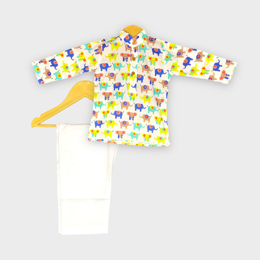 Colorful Elephant Print Kids Kurta Pajama