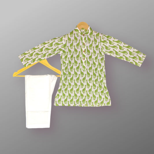 Safari Chic Green Giraffe Printed Cute Kurta Pajama Set for Boys