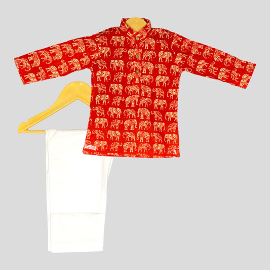 Bold Red Kurta Pajama with Elephant Print for a Traditional Look