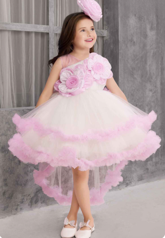 Sleeveless Pink Frock With Floral Emblishments
