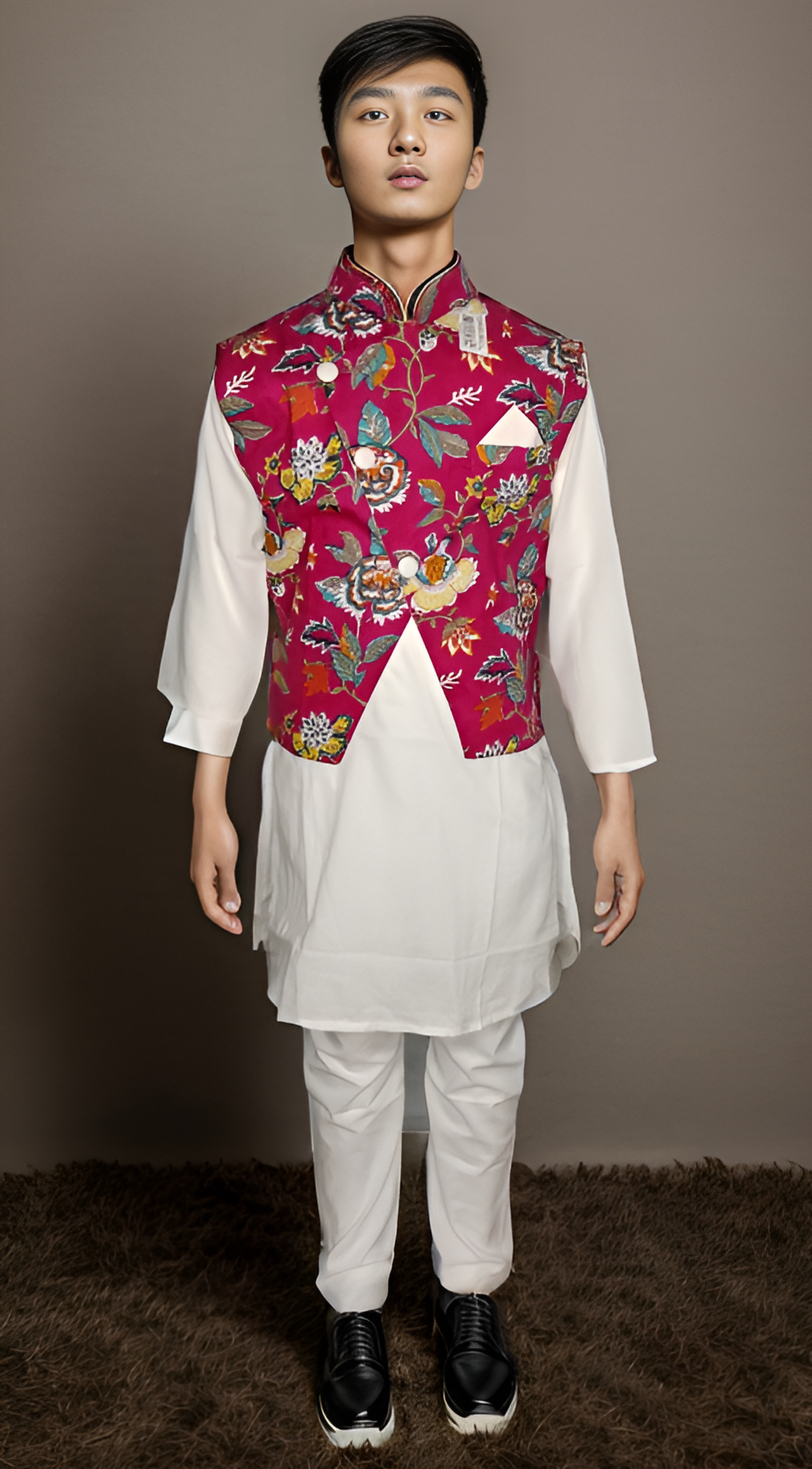 Red and white floral jacket kurta pajama