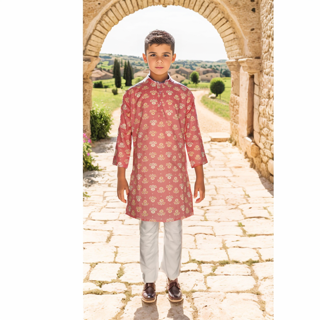 light orange and red flower printed kurta pajama