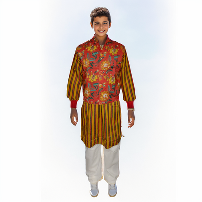 orange and yellow floral jacket kurta pajama